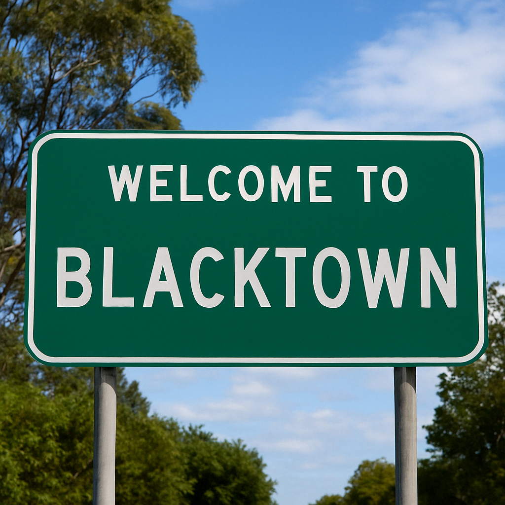 Welcome sign for Blacktown – airport transfer shuttle