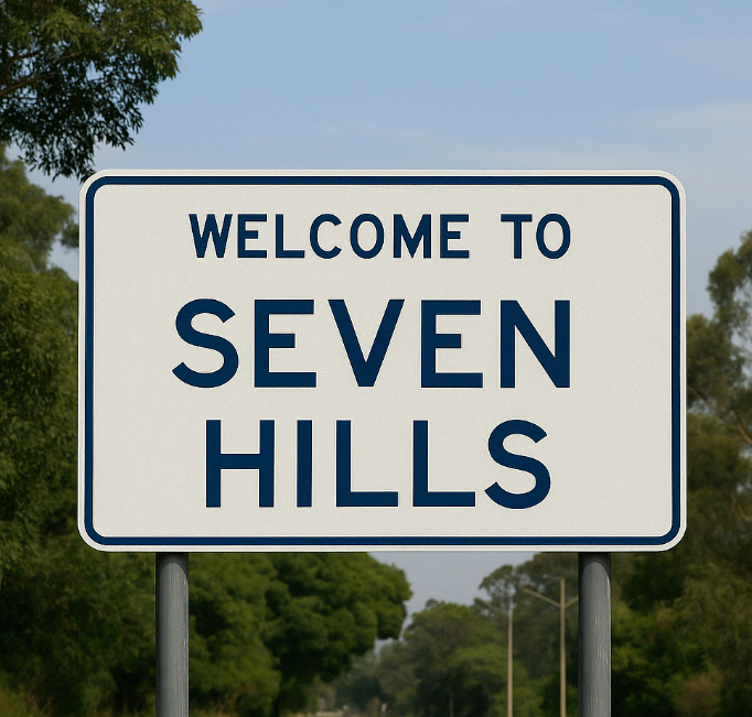 Welcome sign for Seven Hills – airport transfers